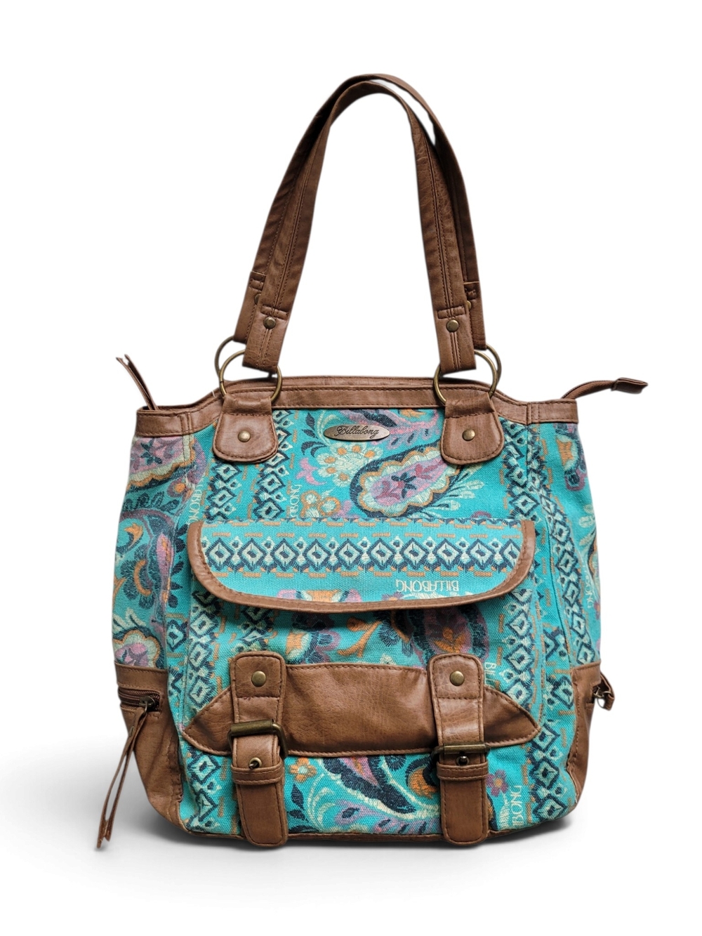 Vintage Y2K Billabong Turquoise Paisley Shoulder Bag Faux Leather Trim Boho